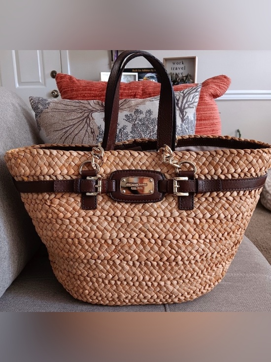 Michael Kors Handbags - Michael Kors Natural Straw Tote with Dark Brown Leather Trim and Gold Hardware